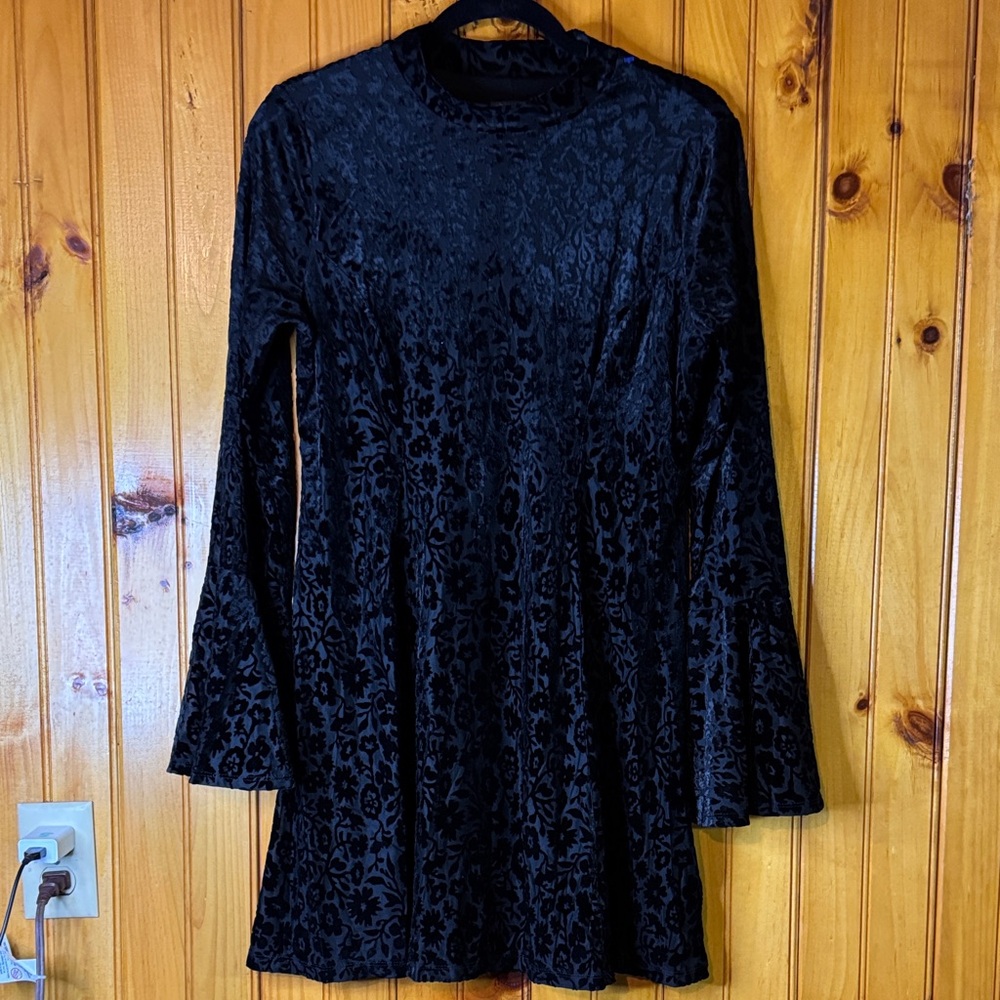 Lily Rose Black Long Sleeve Dress with Velour Floral Accents